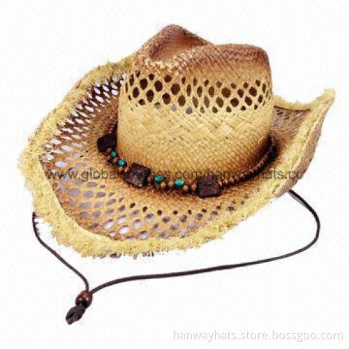 Raffia Straw Cowboy Hat with Wooden Ball and Coconut Buckle Bands